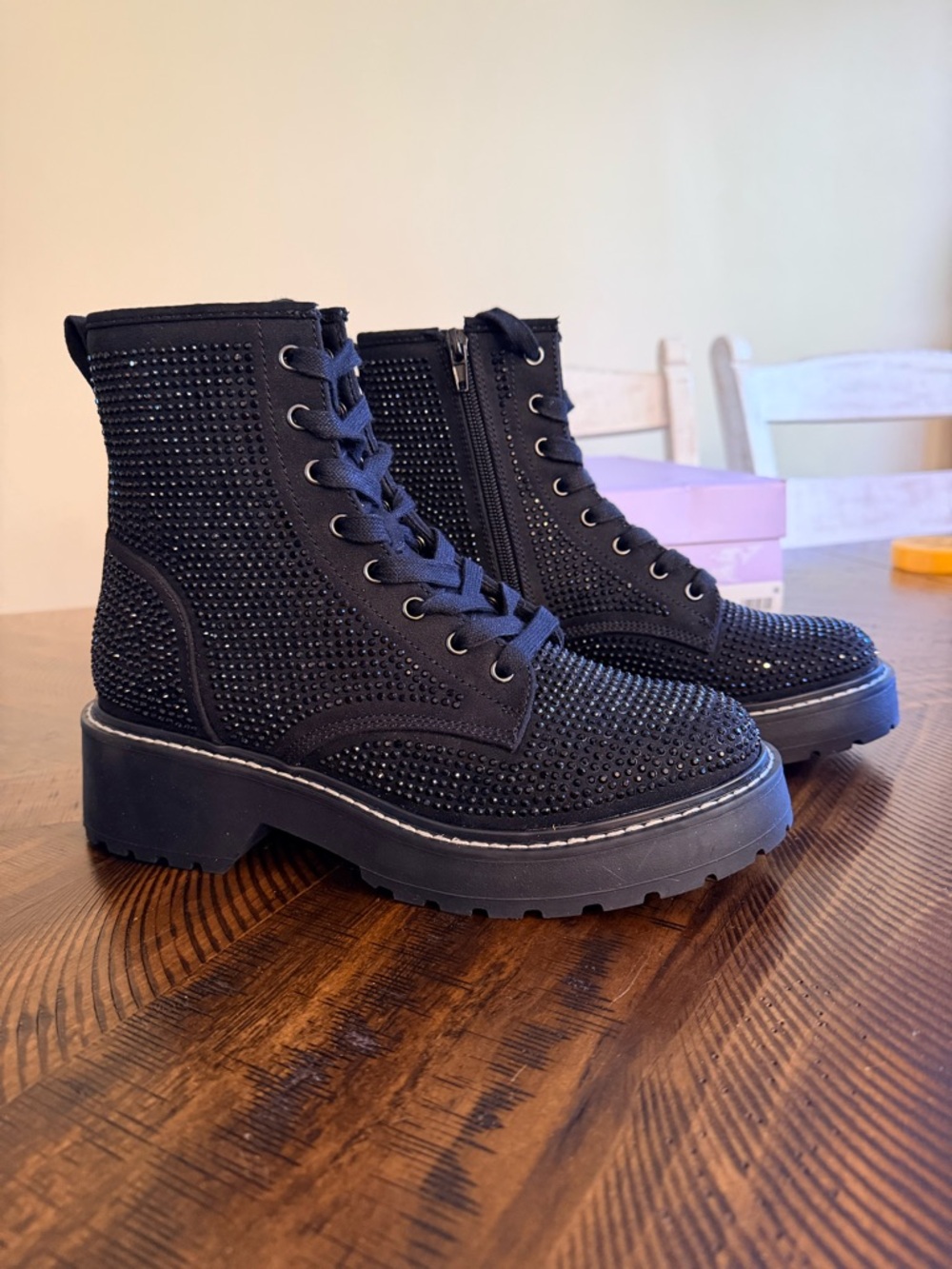 Madden Girl Sparkle Sequin Black Studded Combat Boots Lug Sole — NEW IN BOX - Picture 3 of 12